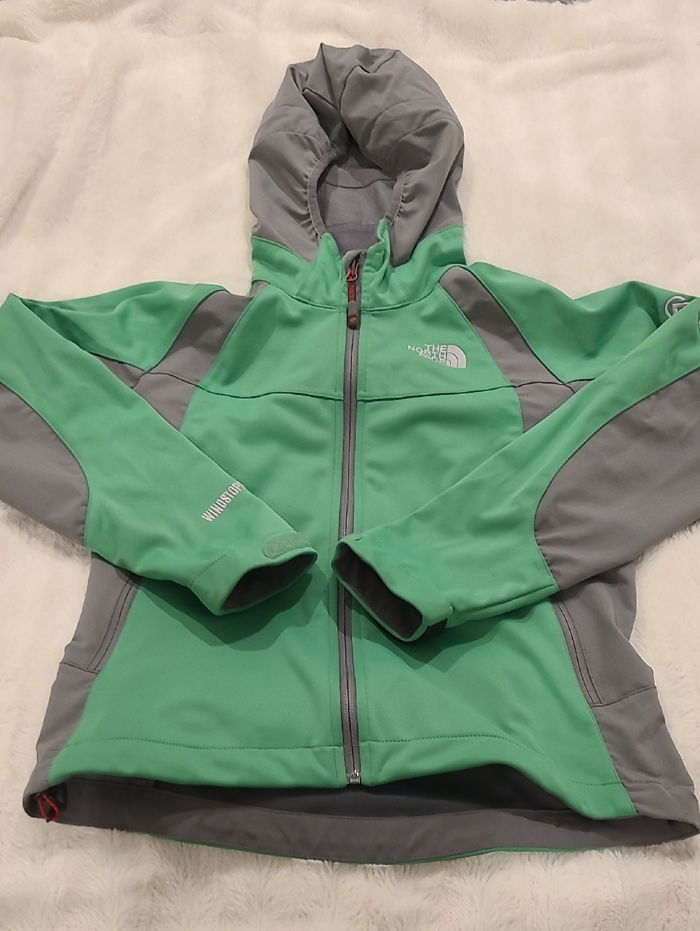The North Face Mint Green and Gray Hooded Softshell Windstopper Jacket